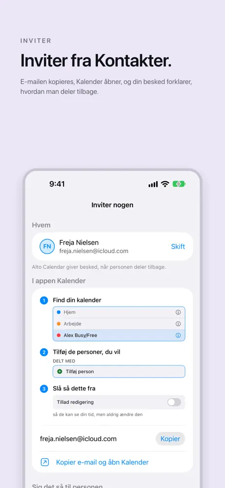 Inviter fra Kontakter. E-mailen kopieres, Kalender åbner, og din besked forklarer, hvordan man deler tilbage.