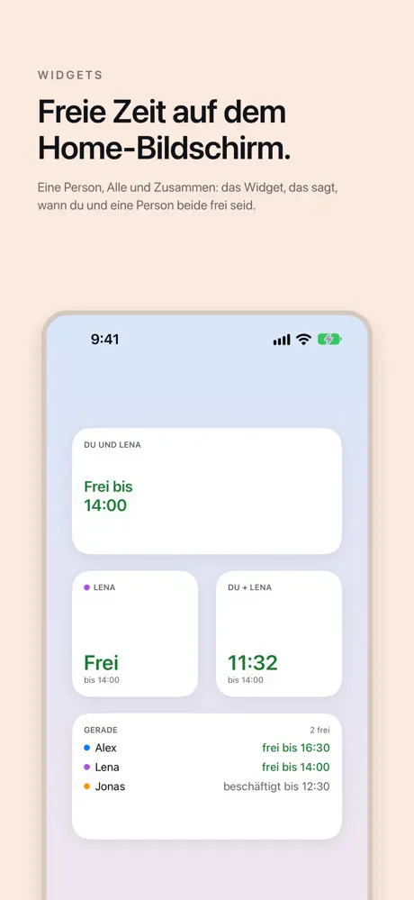 Freie Zeit auf dem Home-Bildschirm. Eine Person, Alle und Zusammen: das Widget, das sagt, wann du und eine Person beide frei seid.
