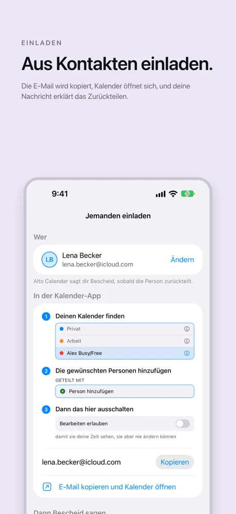 Aus Kontakten einladen. Die E-Mail wird kopiert, Kalender öffnet sich, und deine Nachricht erklärt das Zurückteilen.