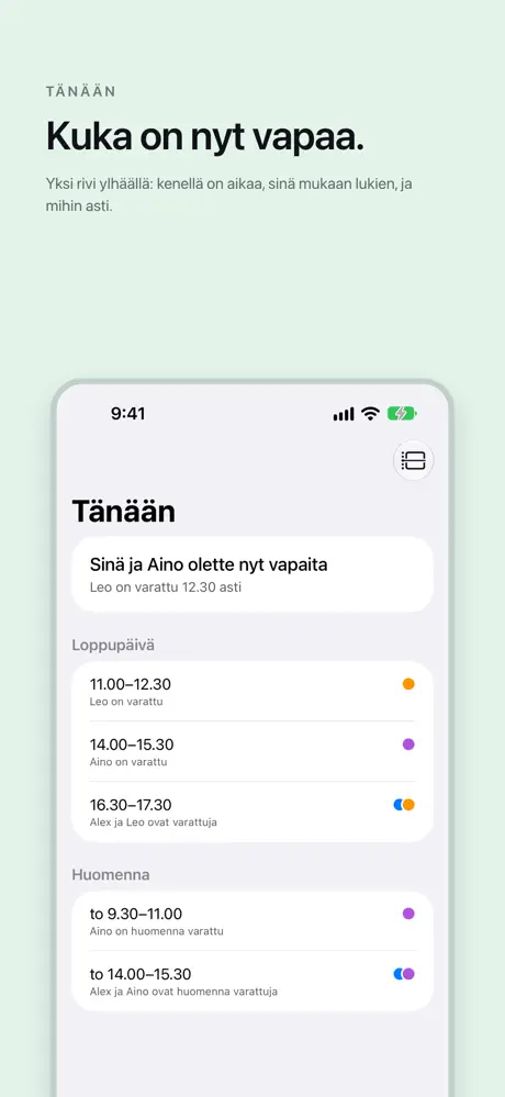 Kuka on nyt vapaa. Yksi rivi ylhäällä: kenellä on aikaa, sinä mukaan lukien, ja mihin asti.