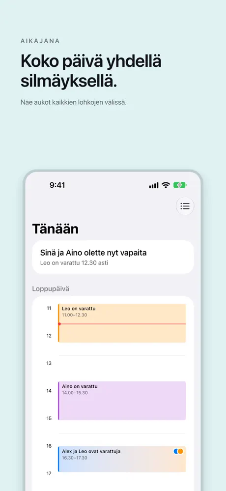 Koko päivä yhdellä silmäyksellä. Näe aukot kaikkien lohkojen välissä.