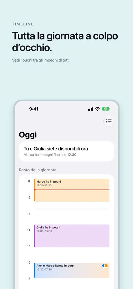 Tutta la giornata a colpo d’occhio. Vedi i buchi tra gli impegni di tutti.