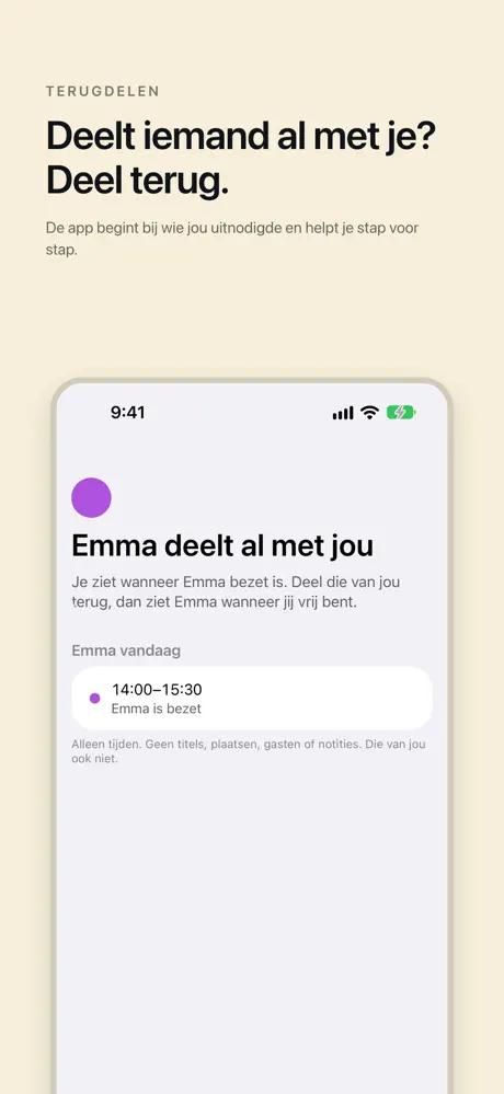 Deelt iemand al met je? Deel terug. De app begint bij wie jou uitnodigde en helpt je stap voor stap.