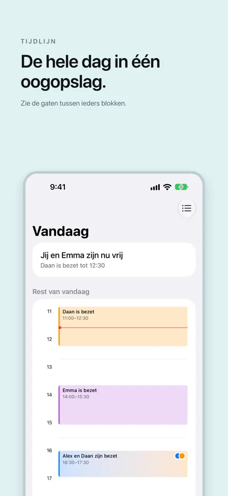 De hele dag in één oogopslag. Zie de gaten tussen ieders blokken.
