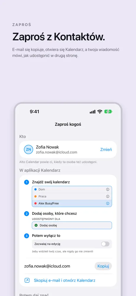 Zaproś z Kontaktów. E-mail się kopiuje, otwiera się Kalendarz, a twoja wiadomość mówi, jak udostępnić w drugą stronę.