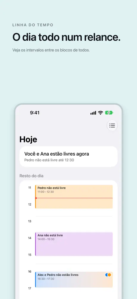 O dia todo num relance. Veja os intervalos entre os blocos de todos.