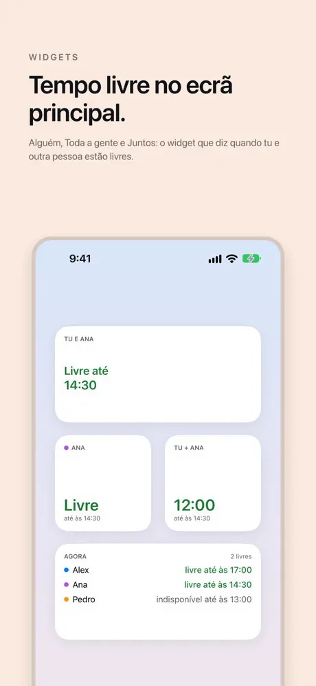 Tempo livre no ecrã principal. Alguém, Toda a gente e Juntos: o widget que diz quando tu e outra pessoa estão livres.