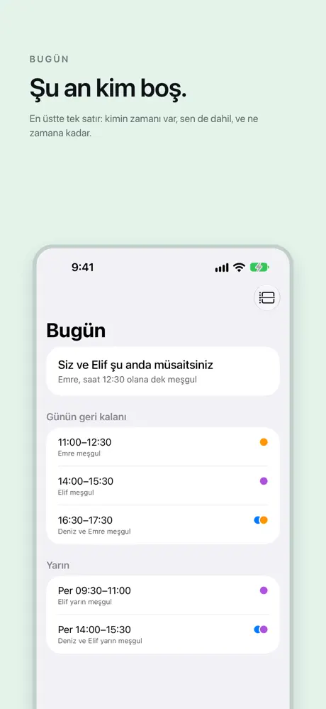 Şu an kim boş. En üstte tek satır: kimin zamanı var, sen de dahil, ve ne zamana kadar.